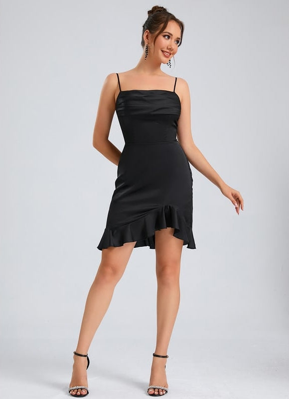 Fourreau col droit court satin de soie robe de bal de promo avec à volants - gallery 3