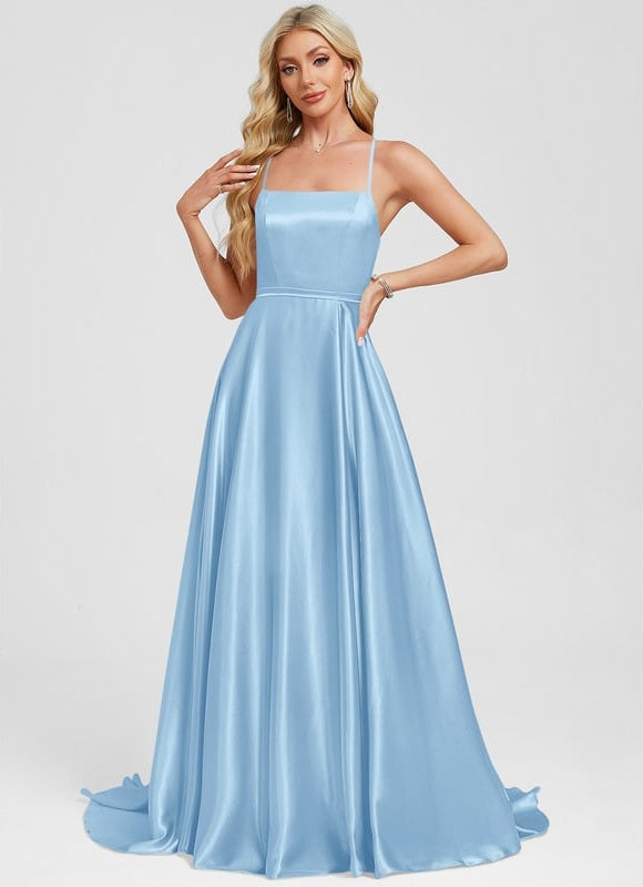 Trapèze col carré traîne balayage satin extensible robe de bal - gallery 6