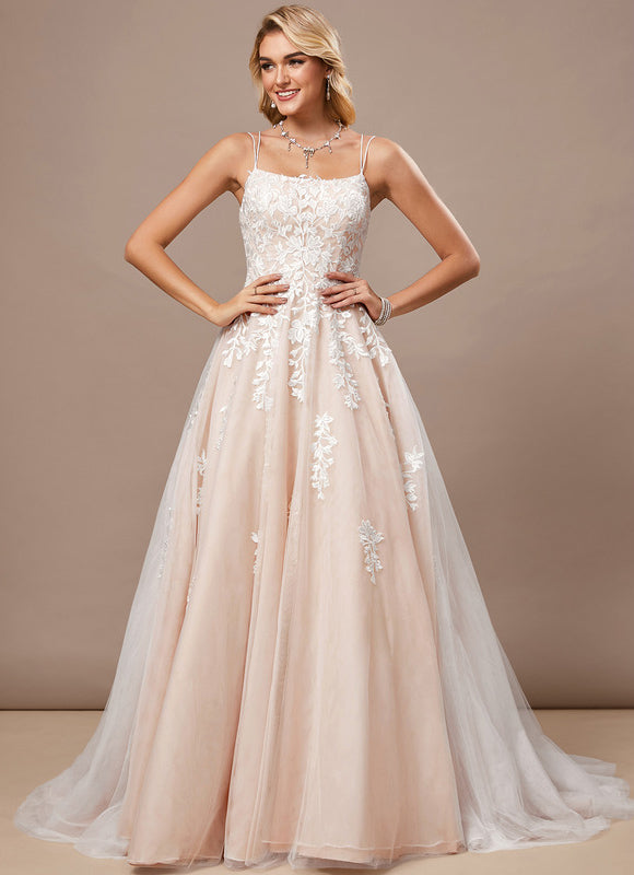 Princesse col carré traîne balayage tulle dentelle robe de mariée - gallery 1