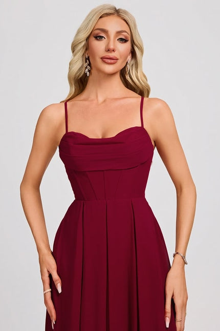 Trapèze col cœur longueur ras du sol mousseline robe de bal avec plissée - gallery 3