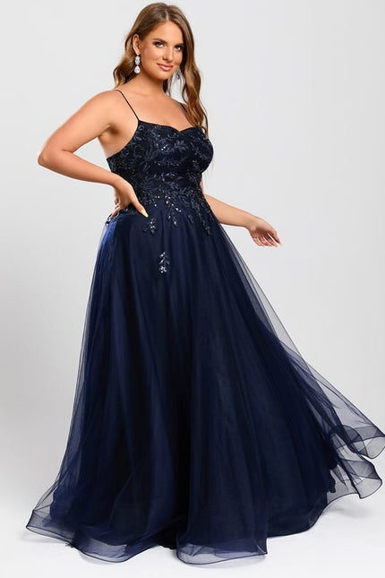 Trapèze col droit longueur ras du sol tulle robe de bal avec paillettes - gallery 7