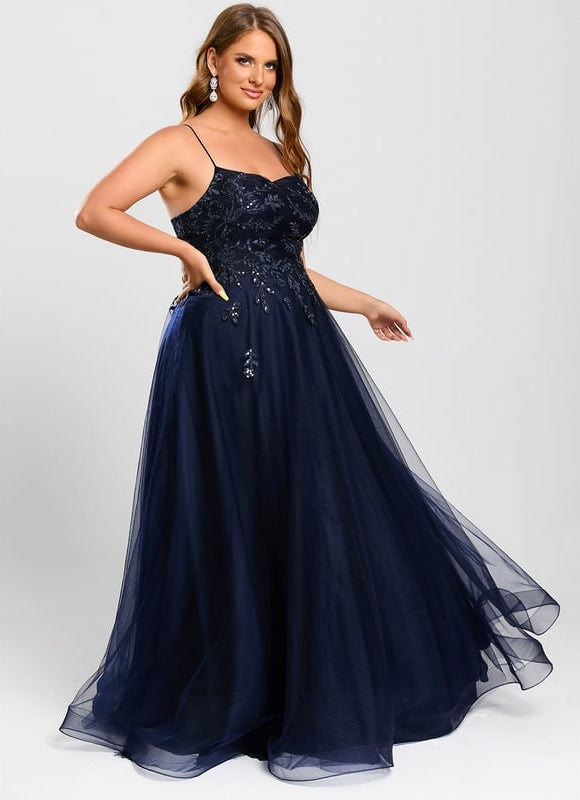 Trapèze col droit longueur ras du sol tulle robe de bal avec paillettes - gallery 7