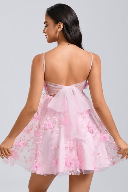 Trapèze col droit mini dentelle robe de bal de promo avec nœud fleurs - gallery 5