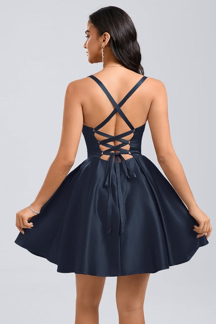 Trapèze col cœur court satin robe de bal de promo avec plissée - gallery 1