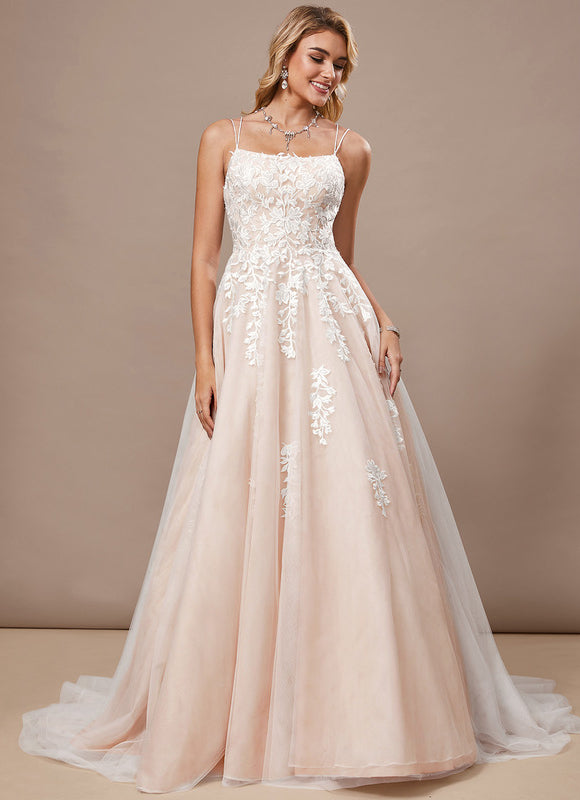 Princesse col carré traîne balayage tulle dentelle robe de mariée - gallery 2