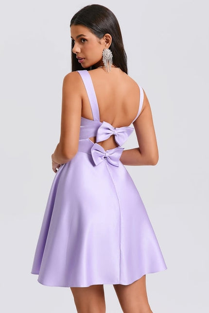 Trapèze col cœur court satin robe de bal de promo avec nœud - gallery 7