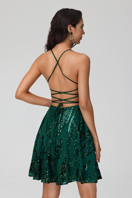 Trapèze col rond court paillette robe de bal de promo avec paillettes - gallery 5