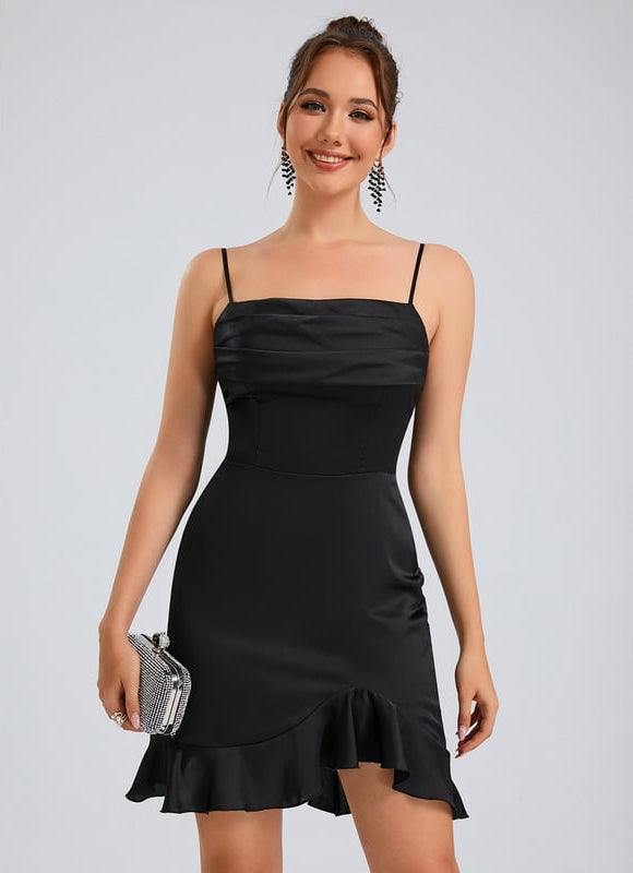 Fourreau col droit court satin de soie robe de bal de promo avec à volants