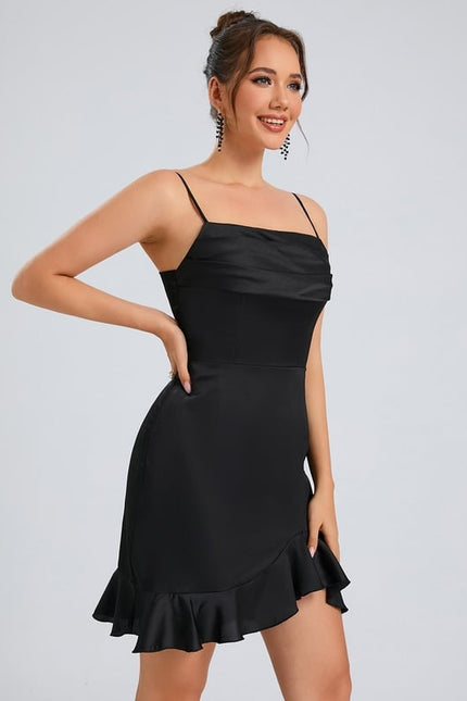Fourreau col droit court satin de soie robe de bal de promo avec à volants - gallery 4