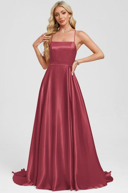 Trapèze col carré traîne balayage satin extensible robe de bal - gallery 2