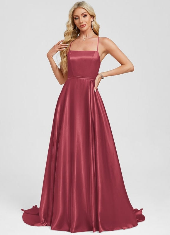 Trapèze col carré traîne balayage satin extensible robe de bal - gallery 2