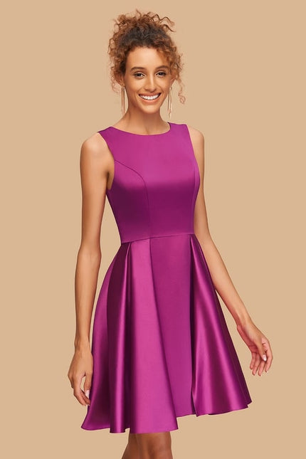 Trapèze col rond court satin robe de bal de promo - gallery 2