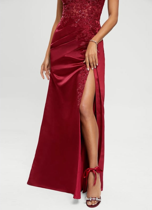 Fourreau col v longueur ras du sol satin robe de bal avec paillettes - gallery 2
