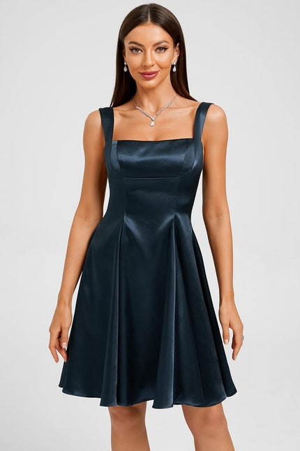 Trapèze col droit court satin extensible robe de bal de promo avec nœud - gallery 2