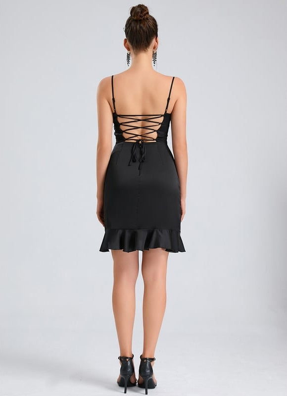 Fourreau col droit court satin de soie robe de bal de promo avec à volants - gallery 1