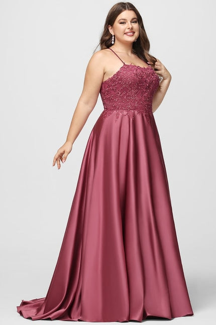 Trapèze col carré traîne balayage satin robe de bal avec strass - gallery 8