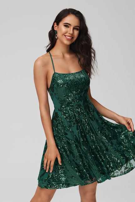 Trapèze col rond court paillette robe de bal de promo avec paillettes - gallery 6