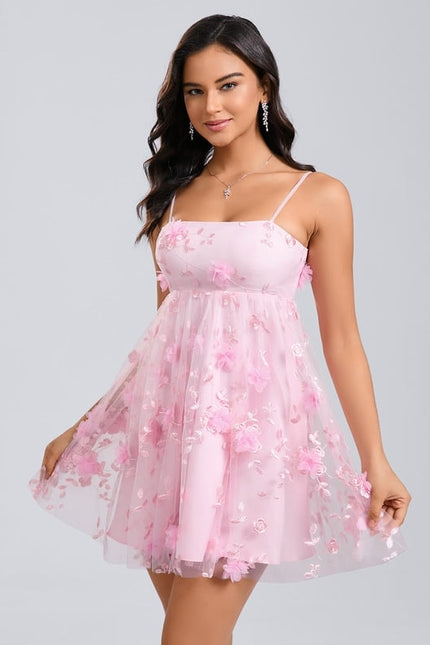 Trapèze col droit mini dentelle robe de bal de promo avec nœud fleurs - gallery 1