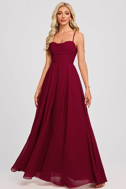 Trapèze col cœur longueur ras du sol mousseline robe de bal avec plissée - gallery 2