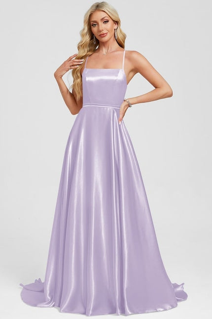 Trapèze col carré traîne balayage satin extensible robe de bal - gallery 7