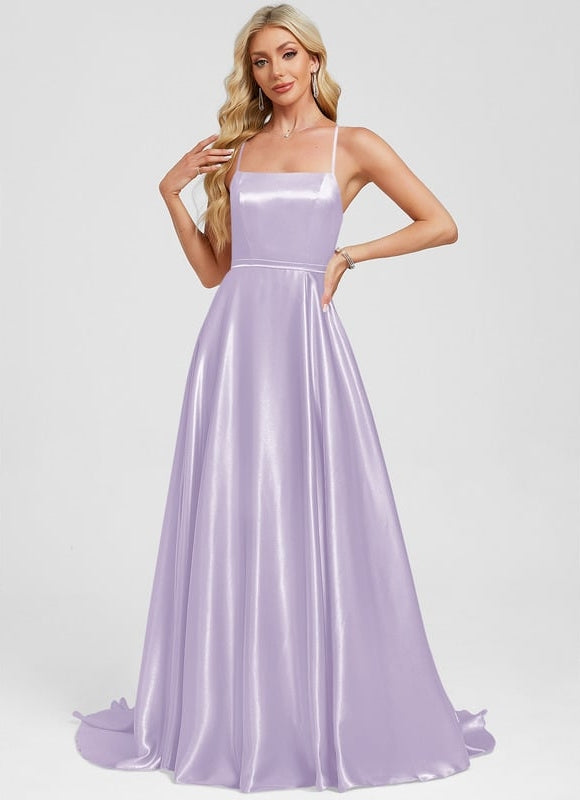 Trapèze col carré traîne balayage satin extensible robe de bal - gallery 7