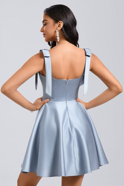 Trapèze col cœur court satin robe de bal de promo avec nœud - gallery 2
