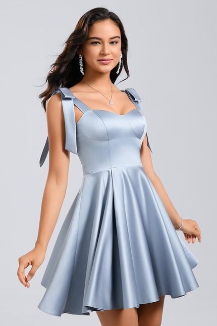 Trapèze col cœur court satin robe de bal de promo avec nœud - gallery 3