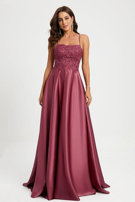Trapèze col carré traîne balayage satin robe de bal avec strass