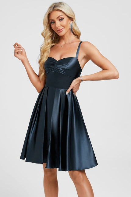 Trapèze col cœur court satin extensible robe de bal de promo avec plissée - gallery 2