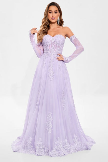 Trapèze col cœur traîne balayage tulle robe de bal avec paillettes appliques de dentelle