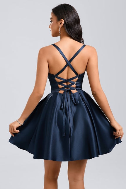 Trapèze col cœur court satin robe de bal de promo avec plissée - gallery 7