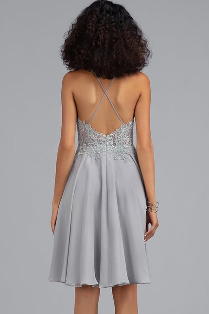 Trapèze col rond longueur genou dentelle mousseline robe de cocktail avec paillettes - gallery 3