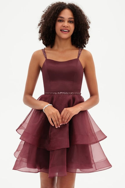 Trapèze col rond court organza robe de bal de promo avec perles paillettes - gallery 4
