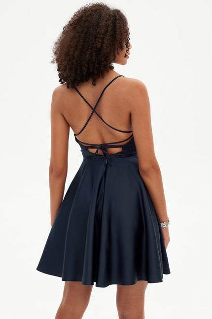 Trapèze col rond court satin robe de bal de promo - gallery 5