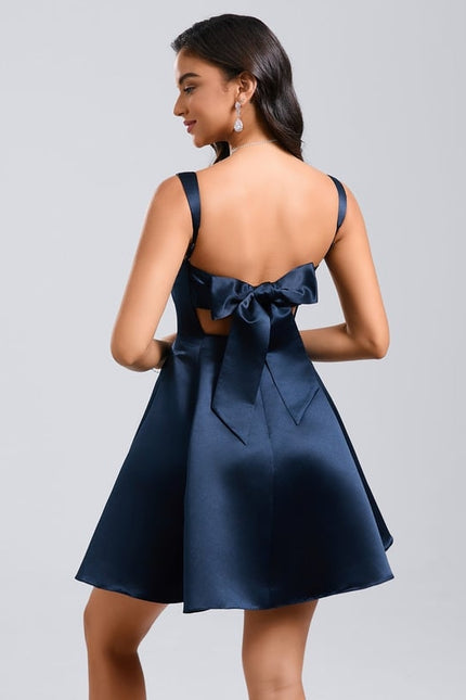 Trapèze col droit court satin robe de bal de promo avec nœud - gallery 6