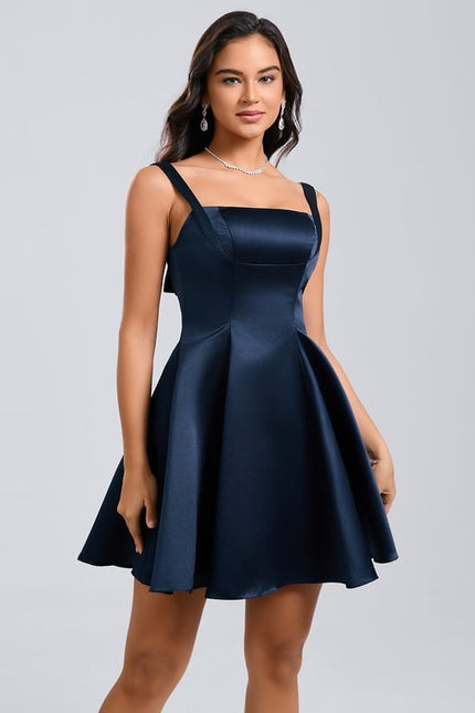 Trapèze col droit court satin robe de bal de promo avec nœud - gallery 4