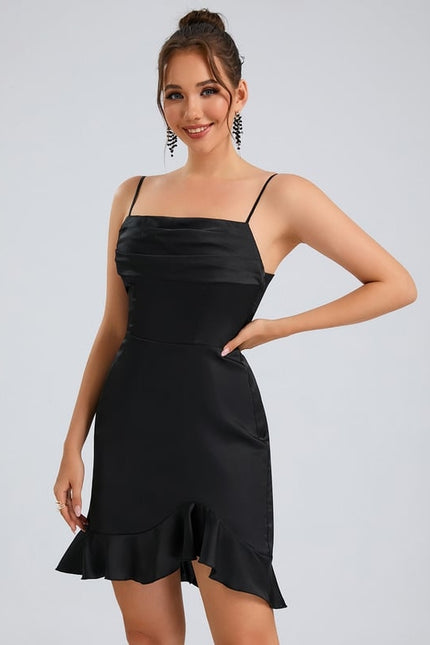 Fourreau col droit court satin de soie robe de bal de promo avec à volants - gallery 5