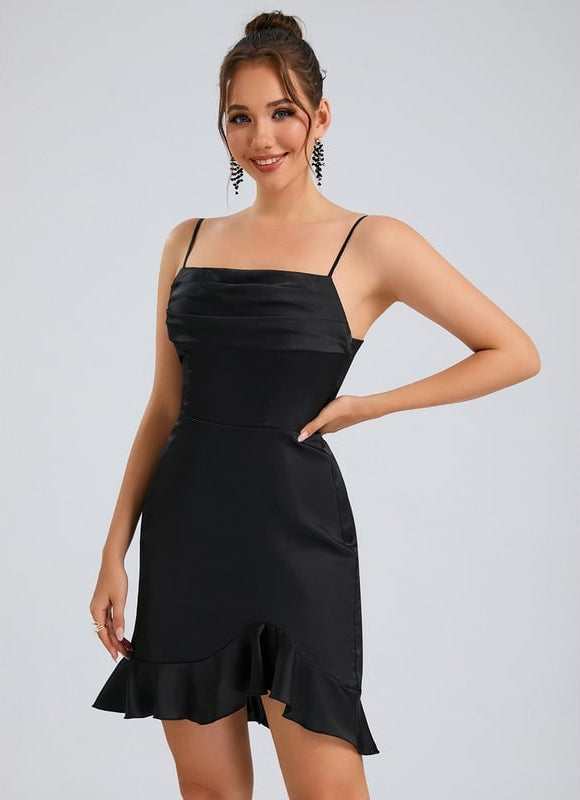 Fourreau col droit court satin de soie robe de bal de promo avec à volants - gallery 5