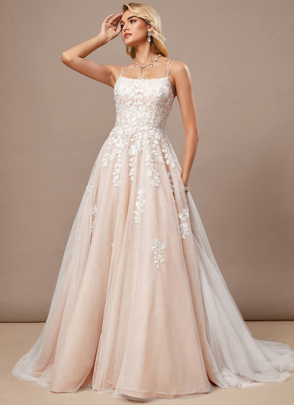 Princesse col carré traîne balayage tulle dentelle robe de mariée - gallery 3