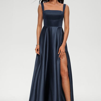 Trapèze col droit longueur ras du sol satin robe de bal avec nœud