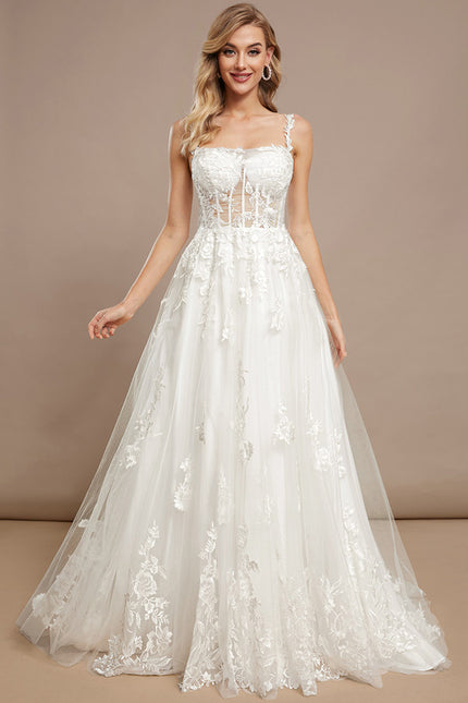 Princesse col carré traîne balayage tulle dentelle robe de mariée - gallery 2
