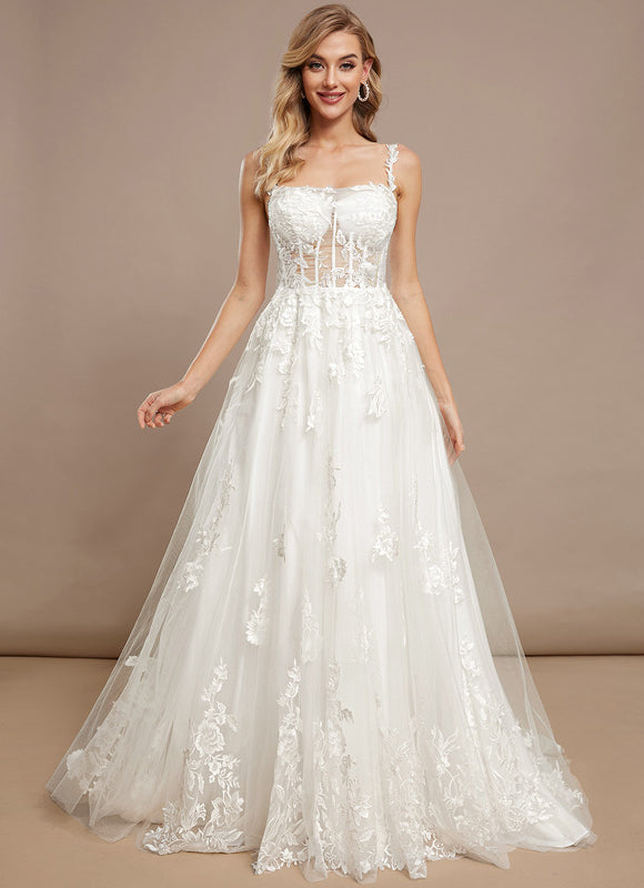 Princesse col carré traîne balayage tulle dentelle robe de mariée - gallery 2