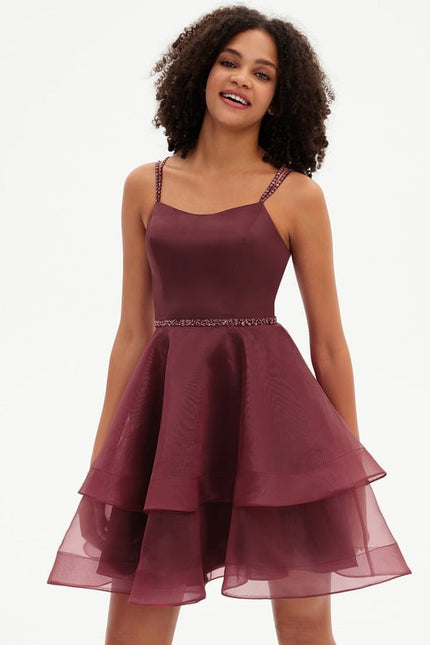 Trapèze col rond court organza robe de bal de promo avec perles paillettes - gallery 3
