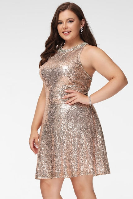 Trapèze col rond court paillette robe de bal de promo avec paillettes - gallery 6