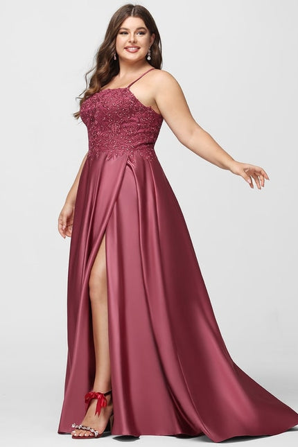 Trapèze col carré traîne balayage satin robe de bal avec strass - gallery 7