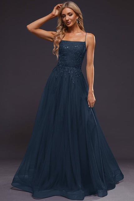 Trapèze col droit longueur ras du sol tulle robe de bal avec paillettes