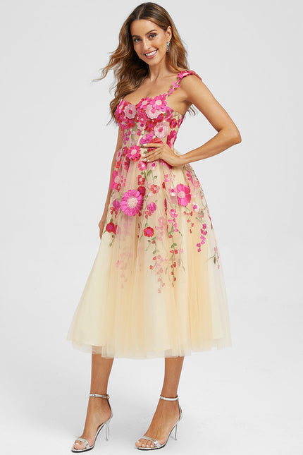 Trapèze col cœur longueur mollet dentelle floral robe de cocktail avec motif floral 3d - gallery 5