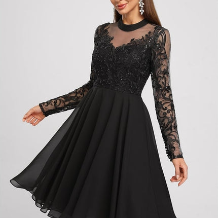Trapèze col rond longueur genou dentelle mousseline robe de cocktail avec paillettes