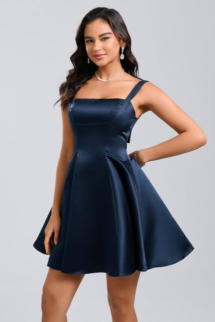 Trapèze col droit court satin robe de bal de promo avec nœud - gallery 5