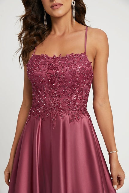 Trapèze col carré traîne balayage satin robe de bal avec strass - gallery 1